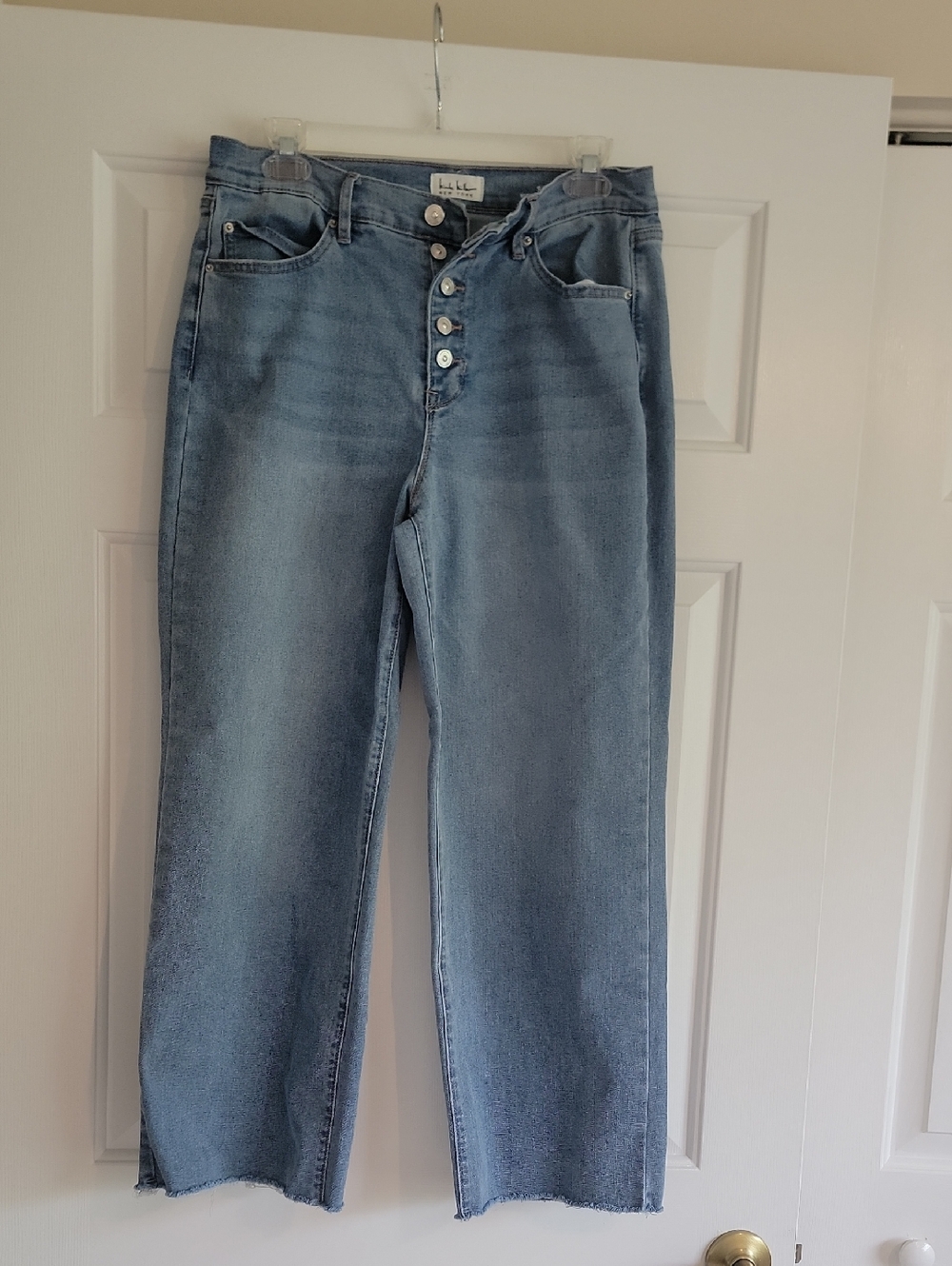 High-Rise Wide-Leg Button-Fly Jeans in Light Blue, Raw-Edge Hem, Size 10